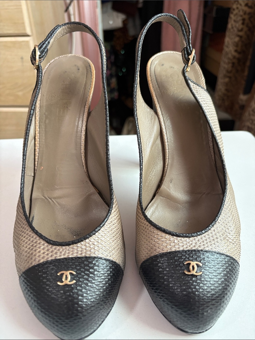 CHANEL Beige and Black Leather Slingback Pumps with CC Medallion